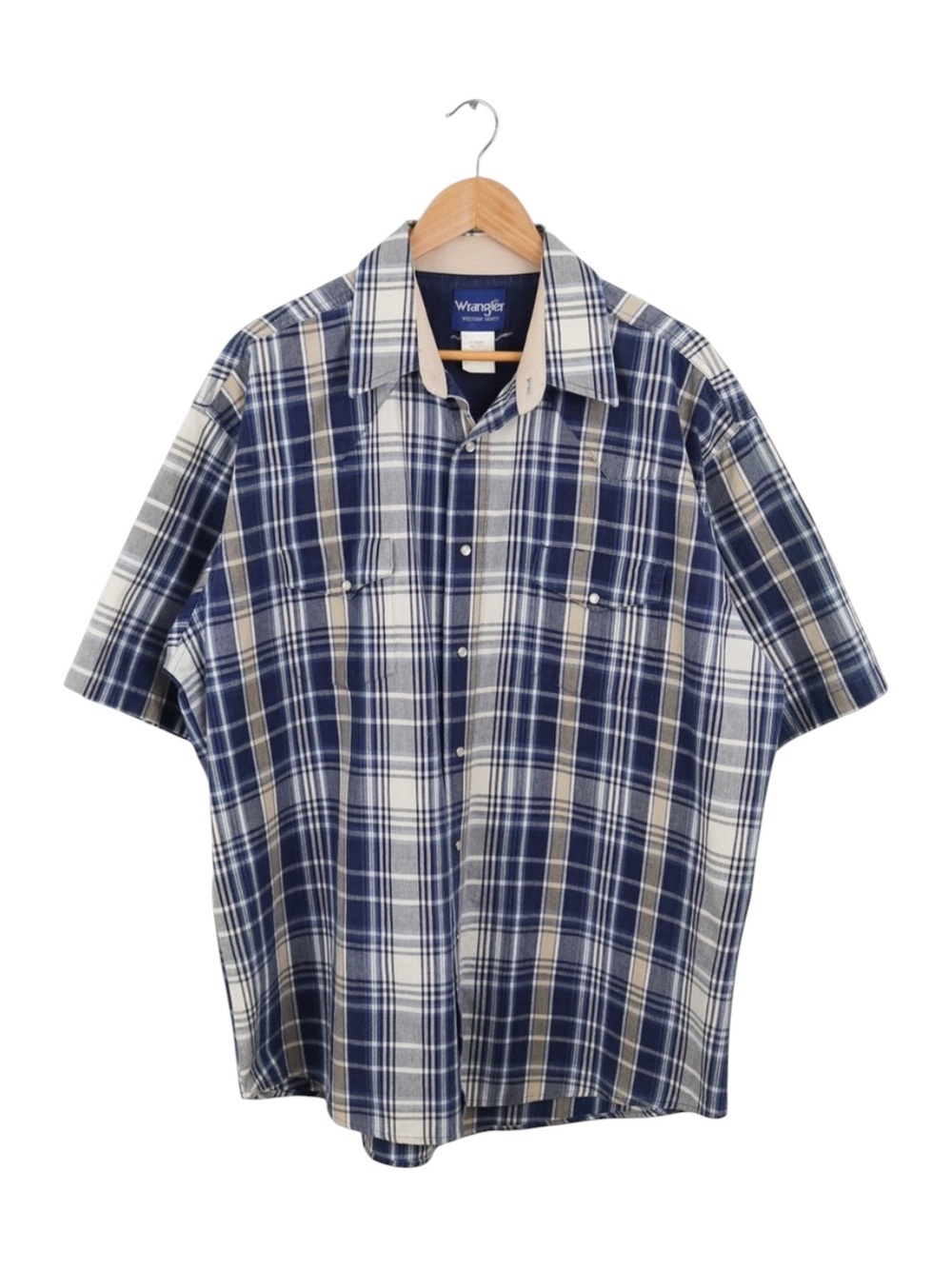 Vintage Wrangler Denim Plaid Pearl Snap Shirt Men’s Size XL Blue Short Sleeve